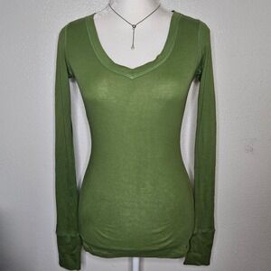 Abercrombie & Fitch Ribbed V-Neck Long Sleeve Top Green